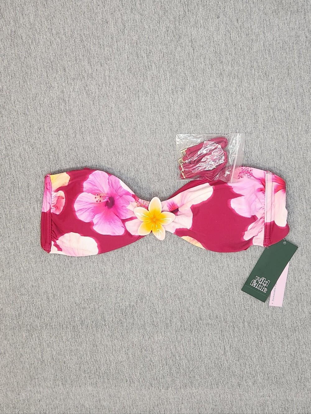 Wild Fable Women’s Floral Brooch Bandeau Bikini Top – Burgundy (Size M)